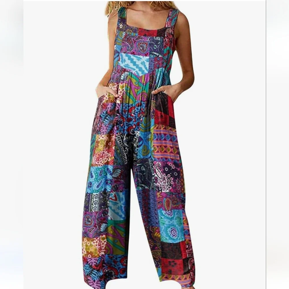Women Cotton Linen Jumpsuit Casual Loose Summer Romper Boho Floral Adjustable L